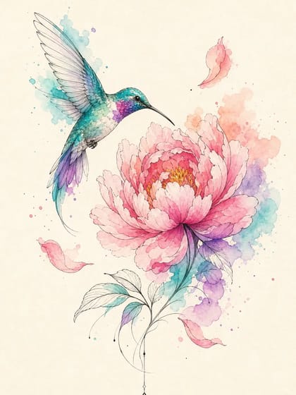 Diseño de tatuaje en acuarela de colibrí y peonía