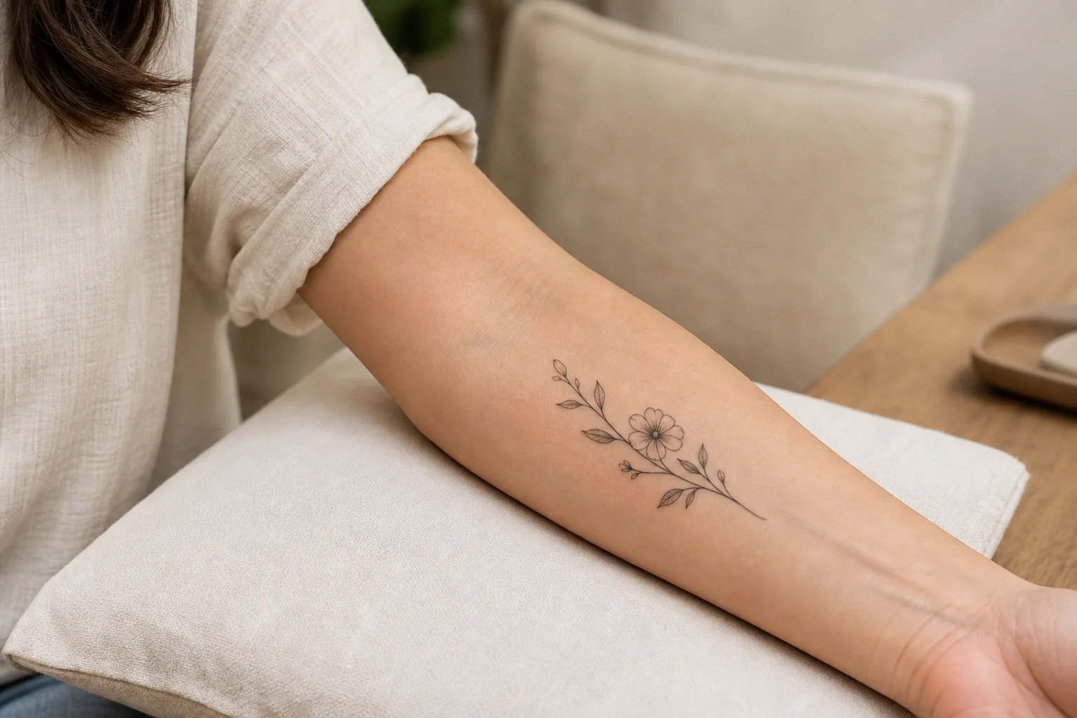 Tatuaje botánico fineline colocado en la cara interna del antebrazo, una zona ideal por su poco roce