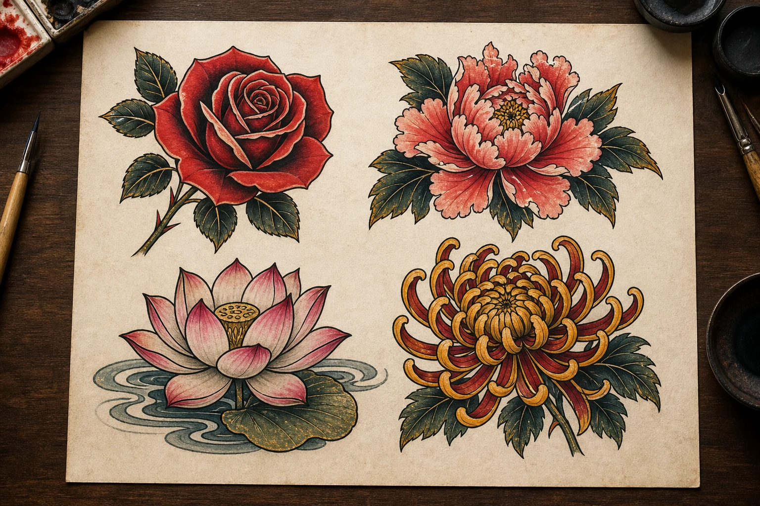 Tatouages de fleurs et leurs significations : rose, pivoine, lotus, chrysanthème — Art, Inspiration