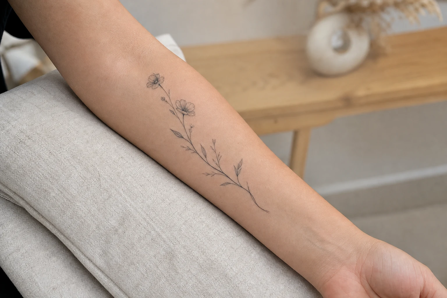 Tatouage botanique fine line courant le long de l'avant-bras