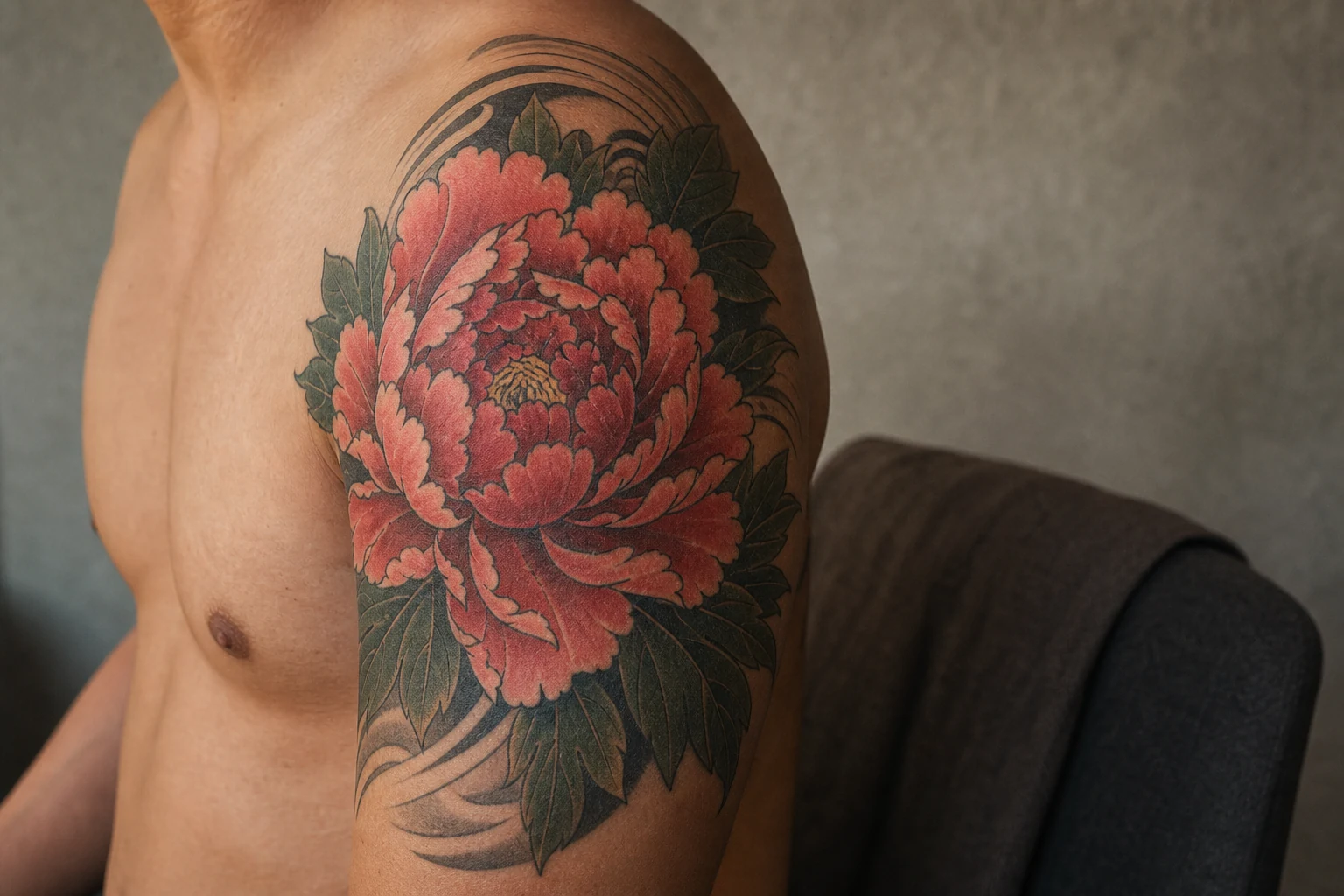 Pivoine japonaise aux pétales en couches tatouée sur le haut du bras