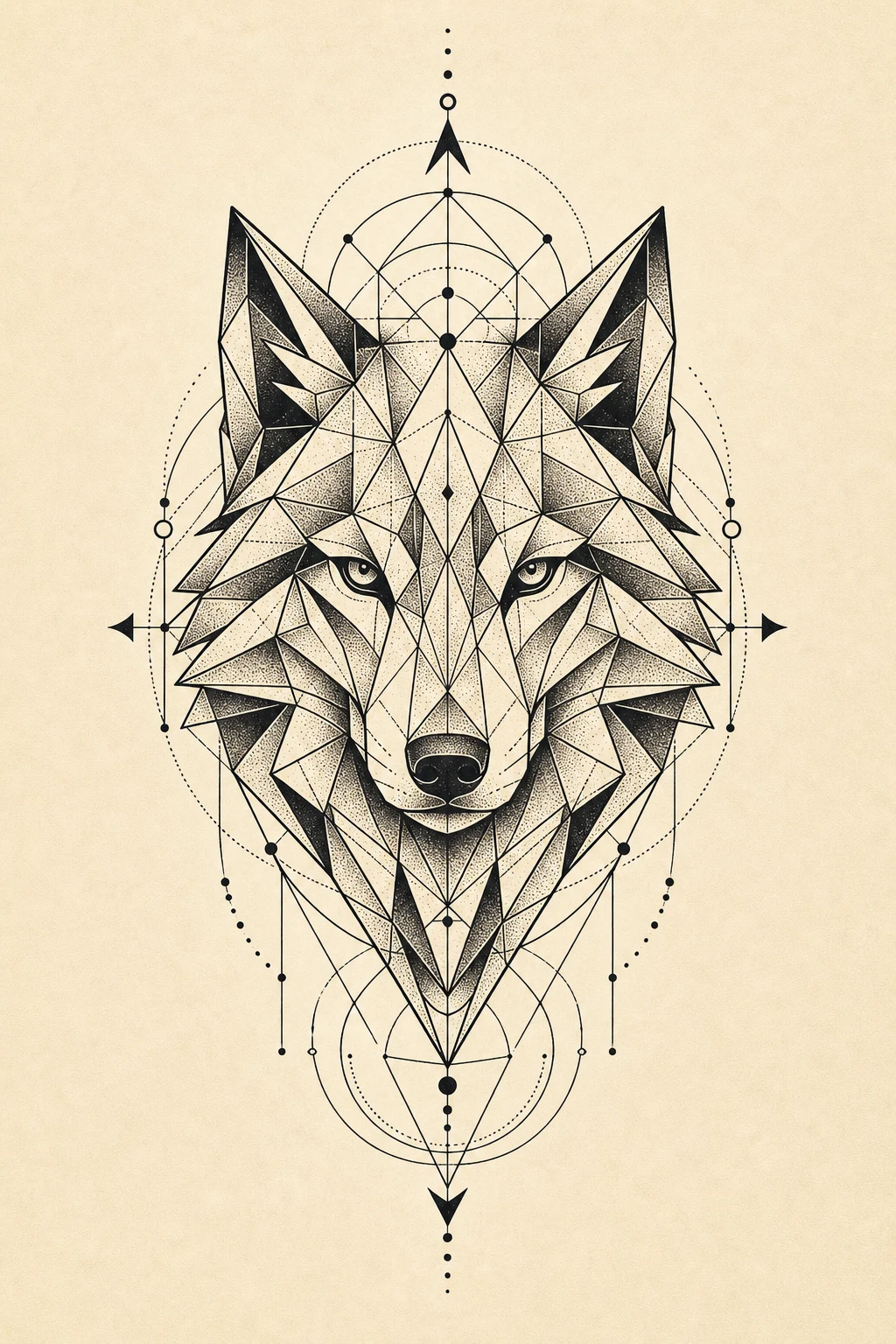 Tatuaje de animal geométrico, un lobo facetado en el brazo