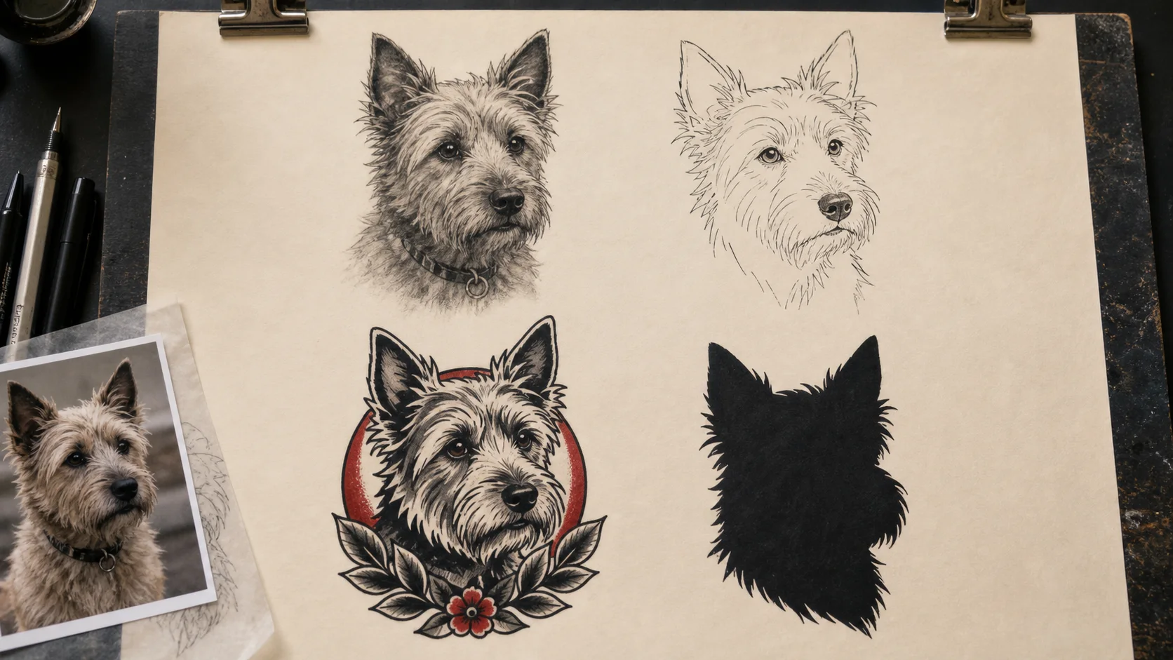 同じ犬をブラック&グレー、ファインライン、アメリカントラディショナル、ブラックワークに展開したラフ