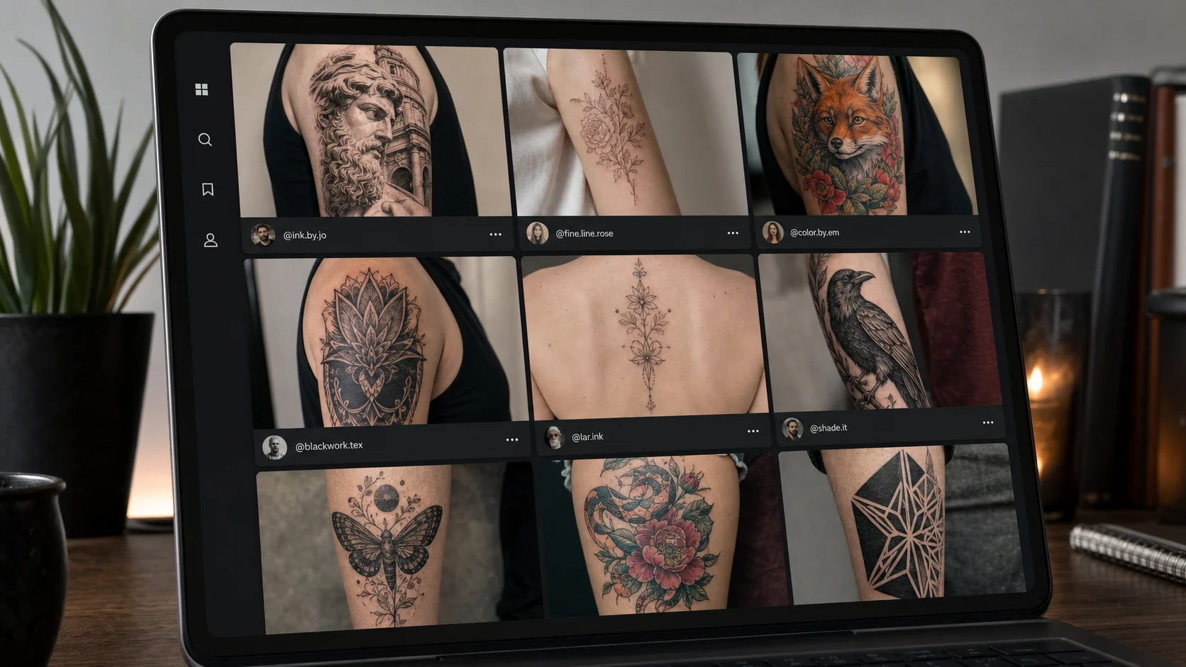 Una rejilla de fotos de tatuajes reales y variados con el arroba del artista visible en cada una: blanco y negro, fineline, color, blackwork