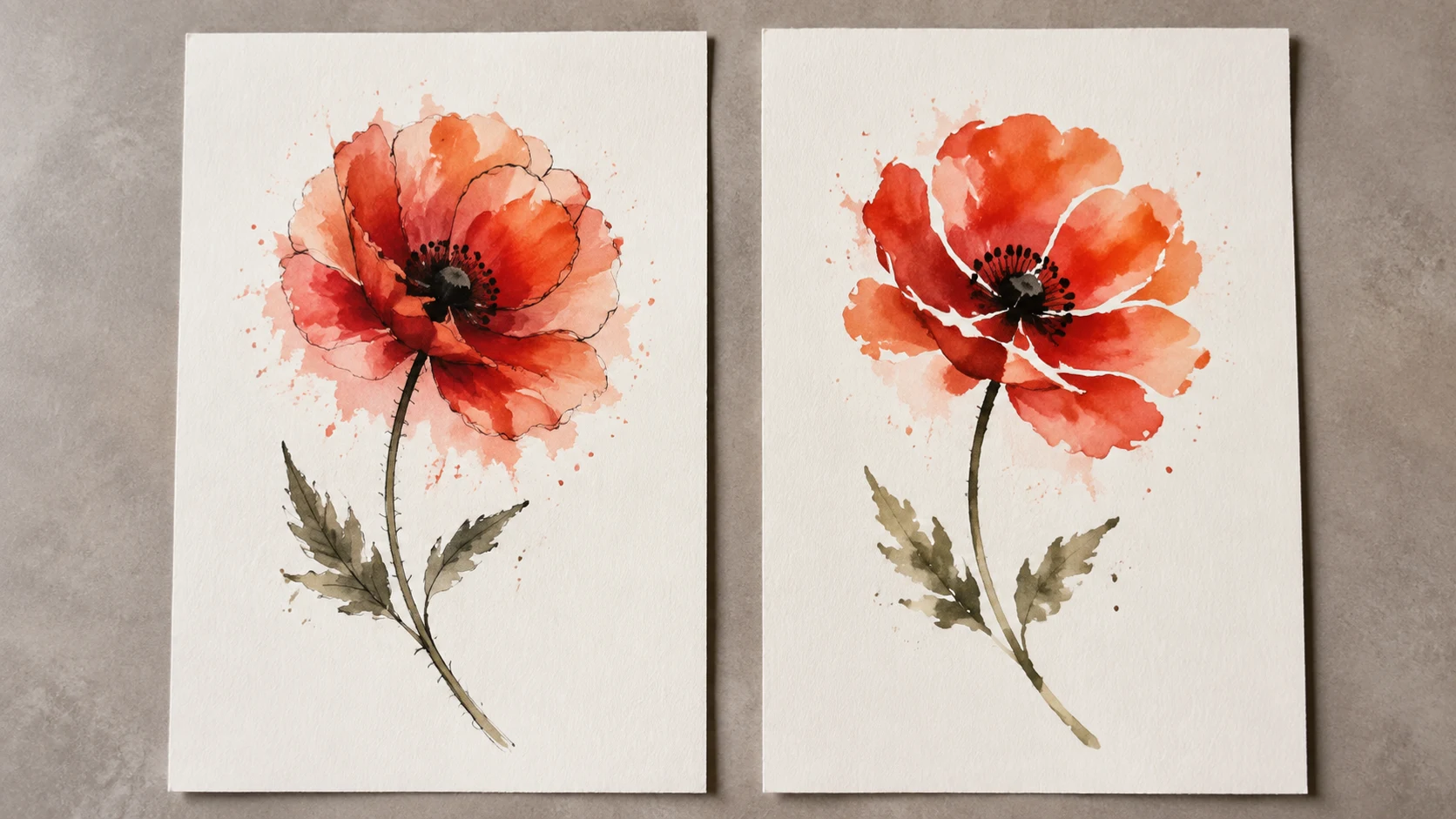ポピーの下絵を二つ並べ、輪郭線を使う案と色の差や余白で花びらを分ける案を比較