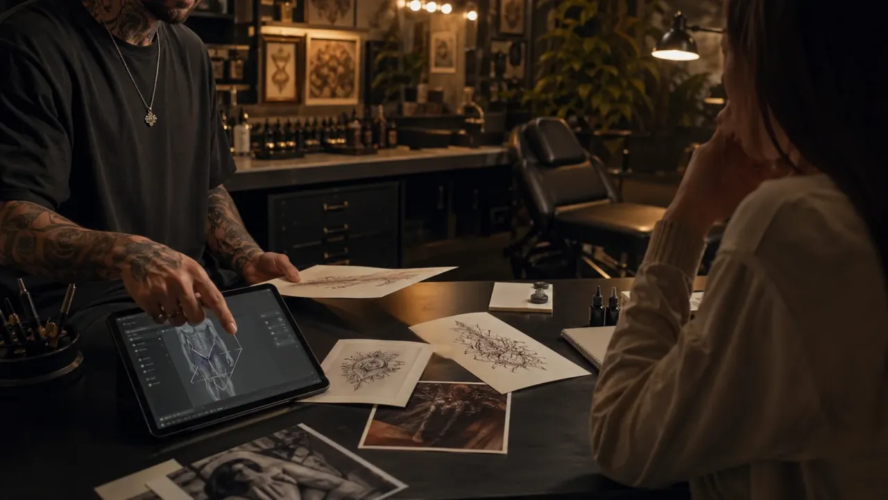 A tattoo artist going over printed sketches with a client at the studio desk