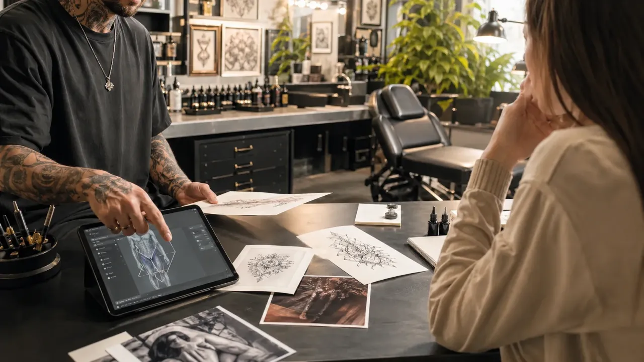 A tattoo artist going over printed sketches with a client at the studio desk