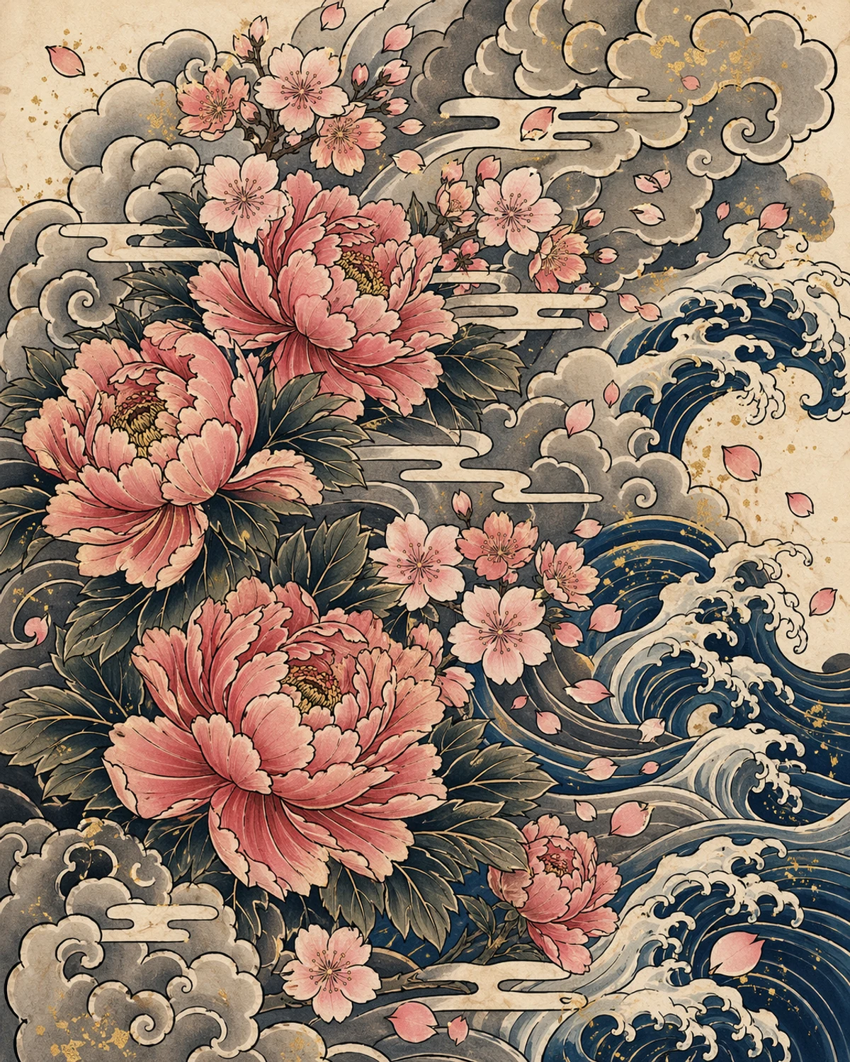牡丹、樱花、云、浪花 日式传统