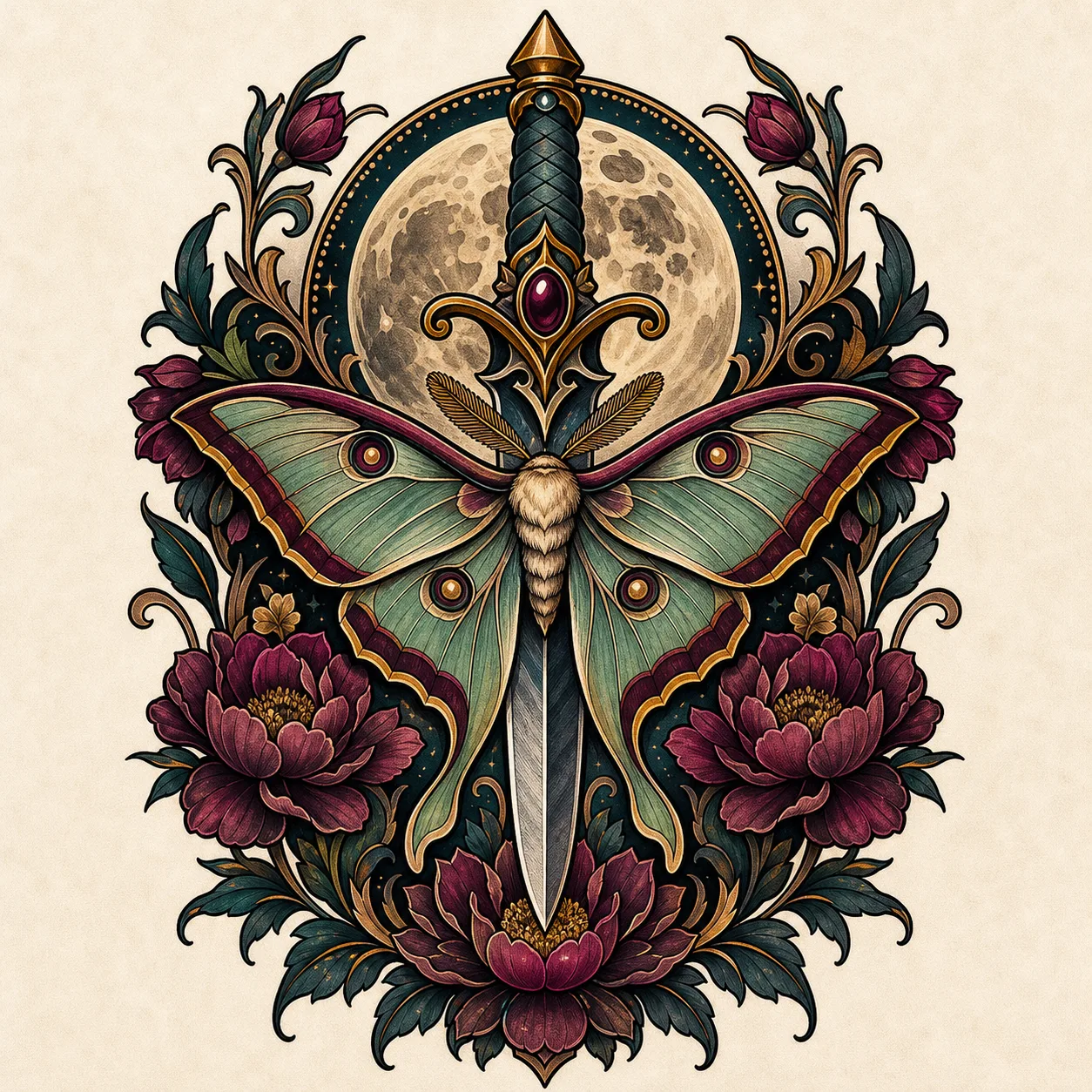 Moths, daggers, moons, and symbolic objects Neo Traditional